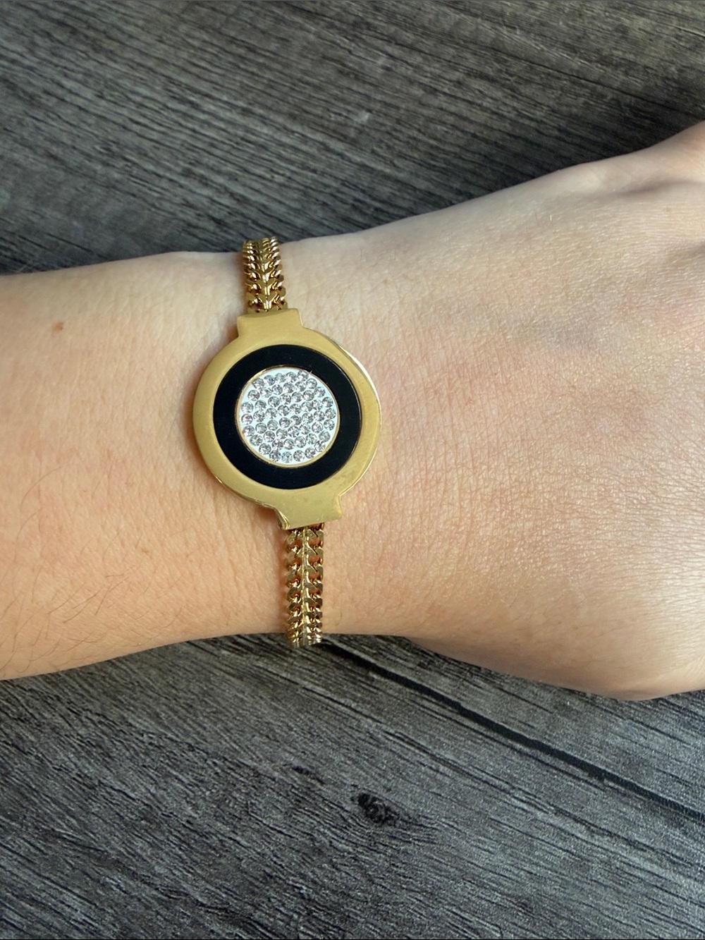 Gold, black, rhinestone flat chain bracelet